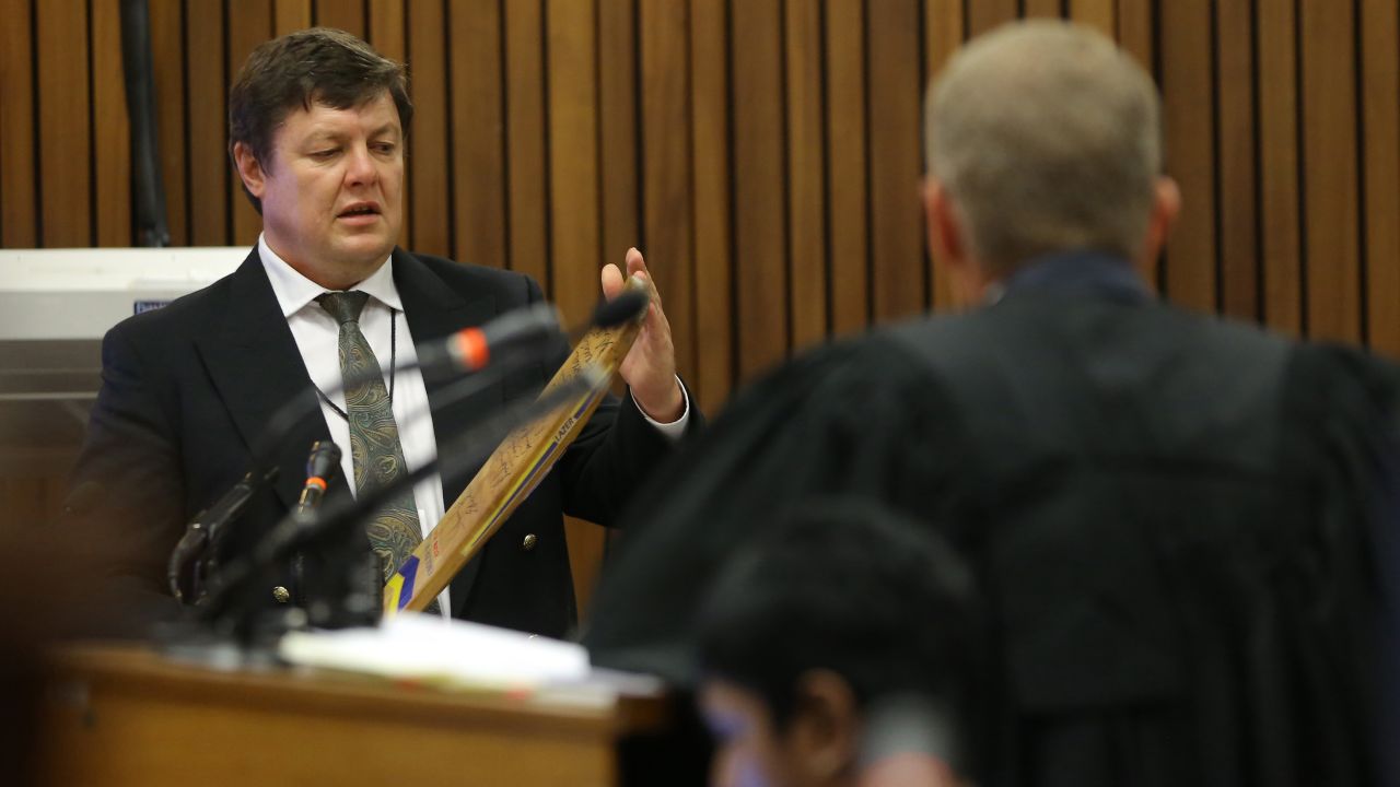Forensic investigator Johannes Vermeulen, left, is questioned during the trial March 13.