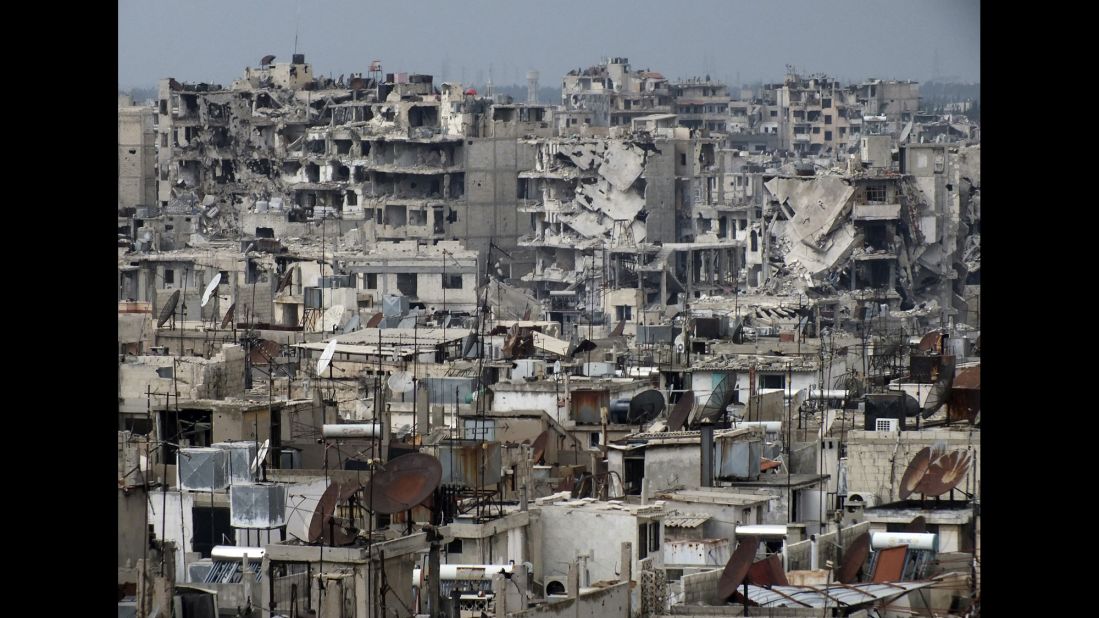 Buildings in Homs lay in ruins on March 9.