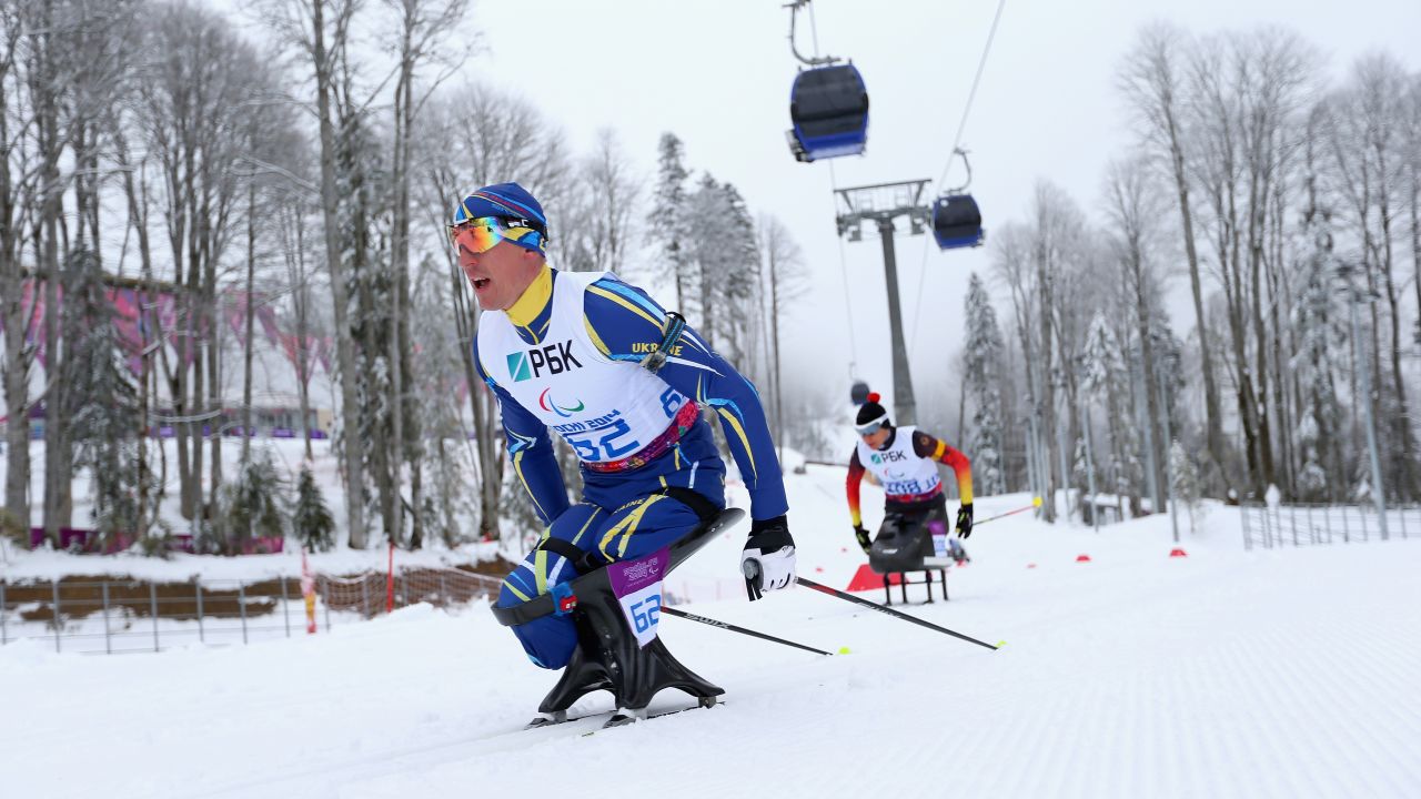 Mykhaylo Tkachenko of Ukraine competes in the 12.5-kilometer sitting biathlon on March 14.