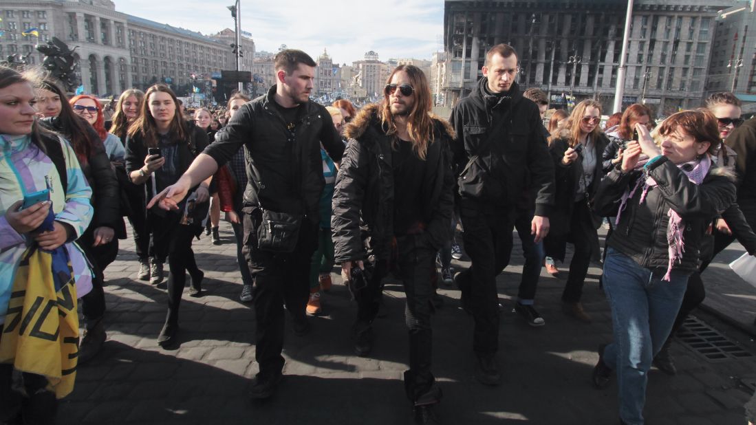 Recent Academy Award winner Jared Leto walks through Independence Square in Kiev on March 13. During his Oscars acceptance speech in early March, the actor spoke to protesters in Ukraine and Venezuela saying, "We're thinking of you tonight."