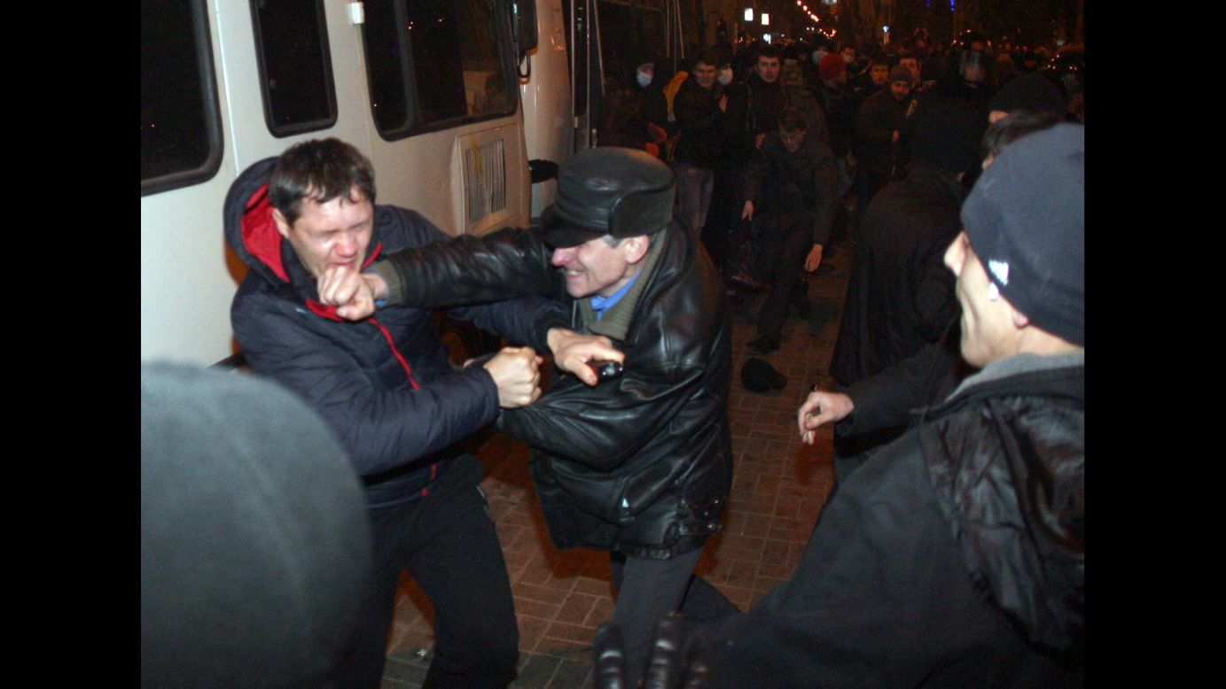 Pro-Russian supporters clash with pro-Ukrainian activists in Donetsk on March 13.