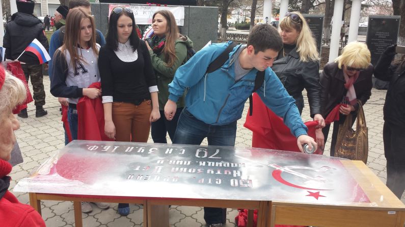 SIMFEROPOL, UKRAINE:  "Pro-Soviet flags being made and handed out in Simferopol on March 14." - CNN's Michael Holmes.  Follow Michael on Instagram at <a href="index.php?page=&url=http%3A%2F%2Finstagram.com%2Fholmescnn" target="_blank" target="_blank">instagram.com/holmescnn</a>. 