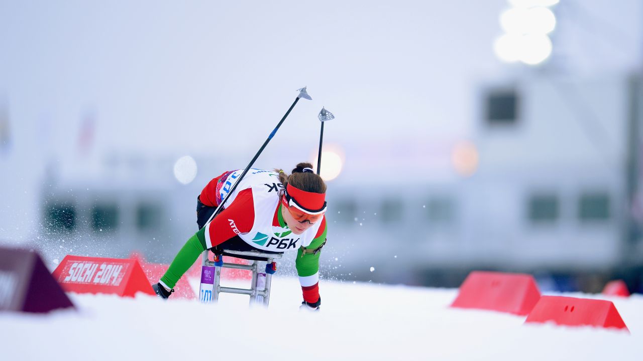 Lidziya Hrafeyeva of Belarus competes in the women's sitting biathlon on March 14.