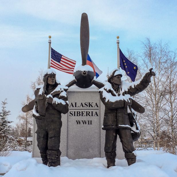 The Alaska Siberia World War II Memorial honors U.S. and Soviet pilots who transported nearly 8,000 warplanes from the continental United States to Russia between 1942 and 1945. Due to weather or mechanical problems, 177 planes crashed en route. The memorial is located in Griffin Park in downtown Fairbanks.  Click <a href="https://www.facebook.com/juneauphotos" target="_blank" target="_blank">here</a> to see more of photographer Pat Costello's Alaska pictures.