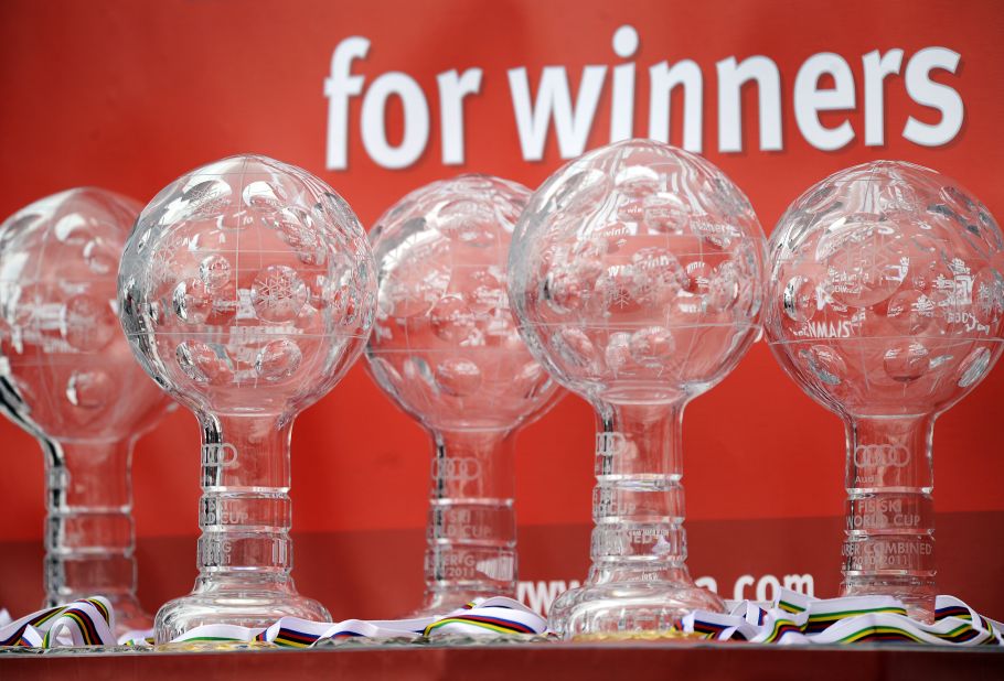 Crystal Globe trophies are displayed prior to the start of the prize giving ceremony of the Alpine Skiing World Cup finals in Lenzerheide, Switzerland.