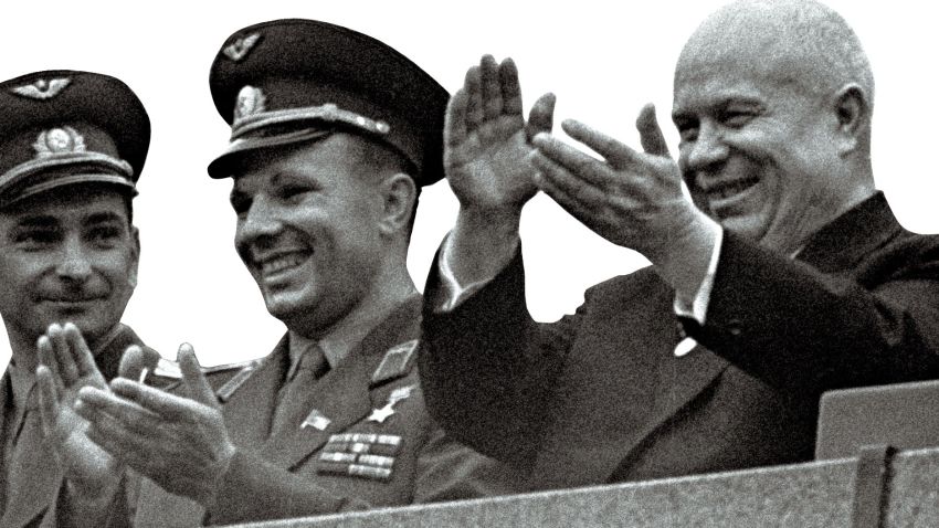 (FILES)-- A handout file photo released by Ria Novosti shows (from R) Soviet Communist Party First Secretary Nikita Khrushchev, the first man to travel into space, Yuri Gagarin, Soviet cosmonaut Valery Bykovsky the and first woman to travel to space Soviet Valentina Tereshkova applauding on June 22, 1963 during a rally dedicated to the successful completion of the flight of the Vostok-5 and Vostok-6 spacecrafts. Two years after Yuri Gagarin's historic first manned flight, Tereshkova blasted off in a Vostok-6 spaceship and at the age of 26 became a national heroine. She remains the only woman ever to have made a solo space flight. AFP PHOTO / RIA NOVOSTI 
RESTRICTED TO EDITORIAL USE - MANDATORY CREDIT " AFP PHOTO / RIA NOVOSTI " - NO MARKETING NO ADVERTISING CAMPAIGNS - DISTRIBUTED AS A SERVICE TO CLIENTS-/AFP/Getty Images