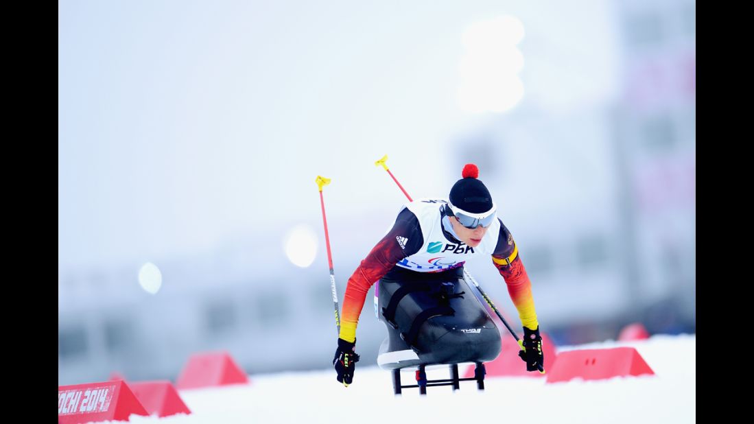 Andrea Eskau of Germany competes in the women's 12.5-kilometer sitting biathlon on Friday, March 14.