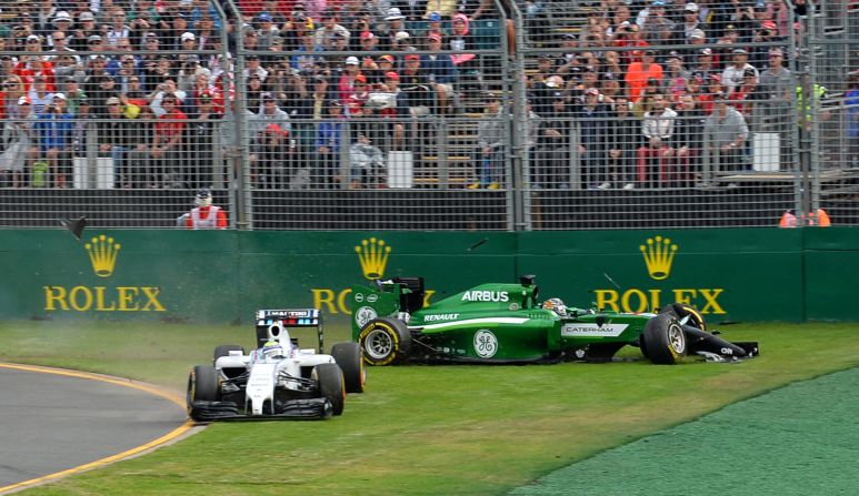 Felipe Massa and Kamui Kobayashi come to grief on the first corner of the Australian Grand Prix in Melbourne. Kobayashi took the blame for the incident which left Massa fuming.