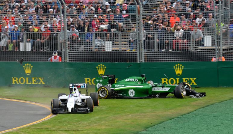 Felipe Massa and Kamui Kobayashi come to grief on the first corner of the Australian Grand Prix in Melbourne. Kobayashi took the blame for the incident which left Massa fuming.
