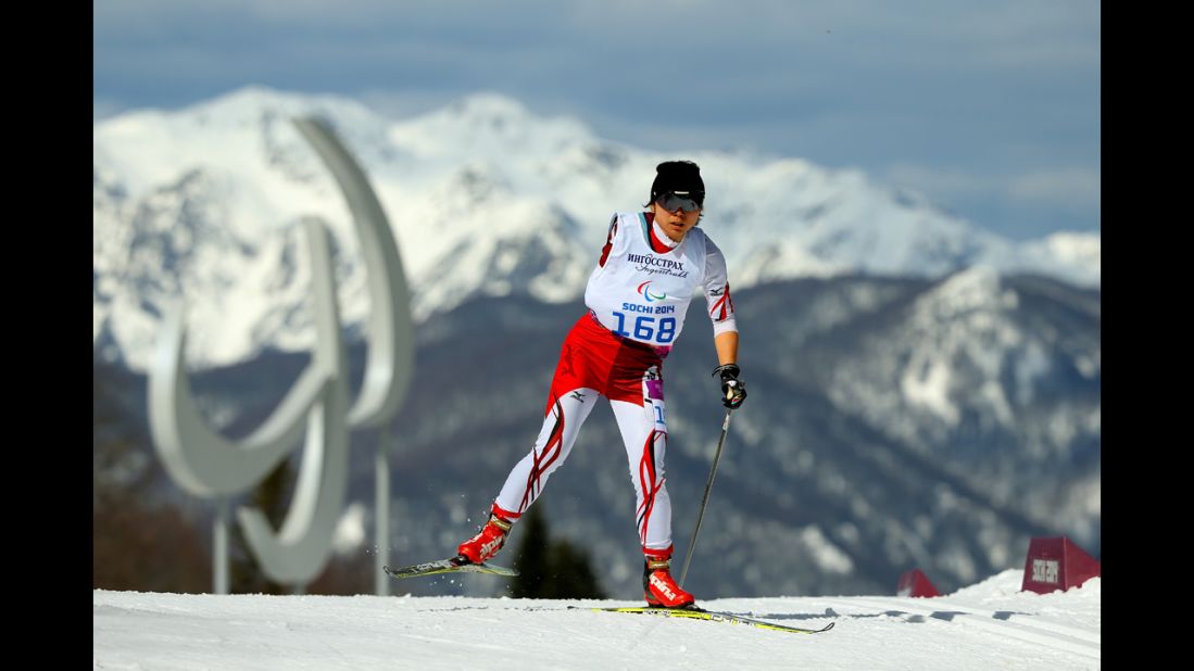 Momoko Dekijima of Japan competes in the women's cross-country 5-kilometer free standing event on Sunday, March 16, on Day Nine of the Sochi 2014 Paralympic Winter Games in Sochi, Russia. The Paralympics are being held in the same venues as the recently completed Winter Olympic Games.