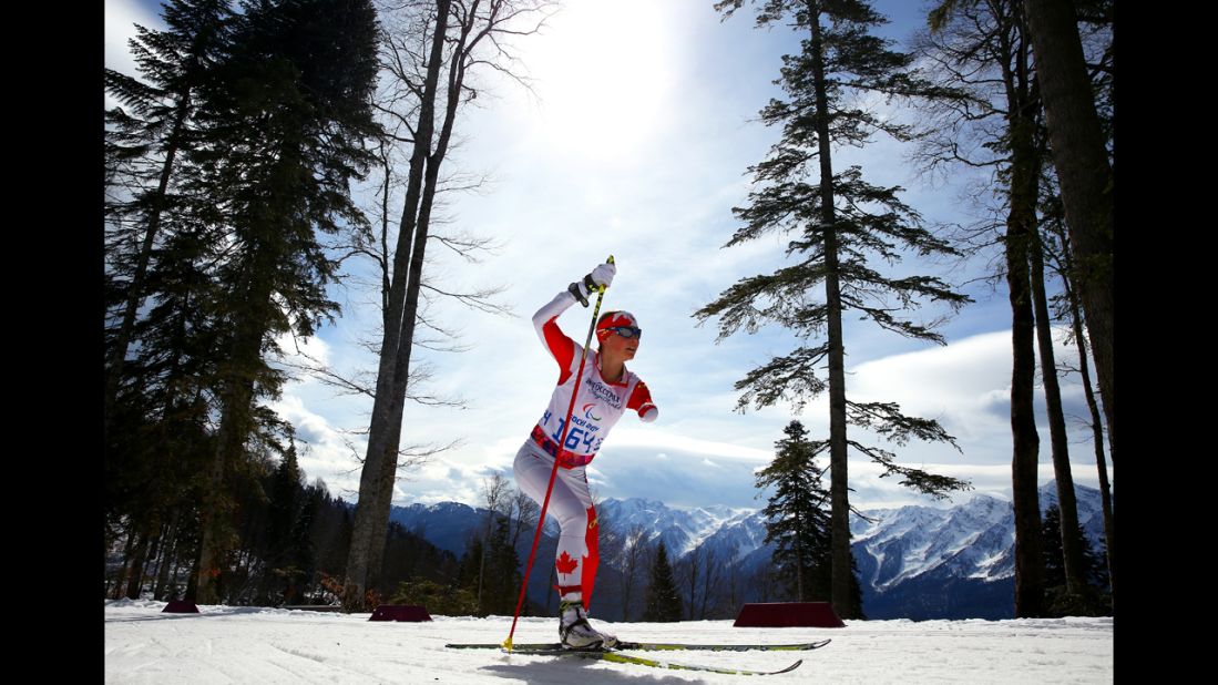 Brittany Hudak of Canada competes in the women's cross-country 5-kilometer free standing event.