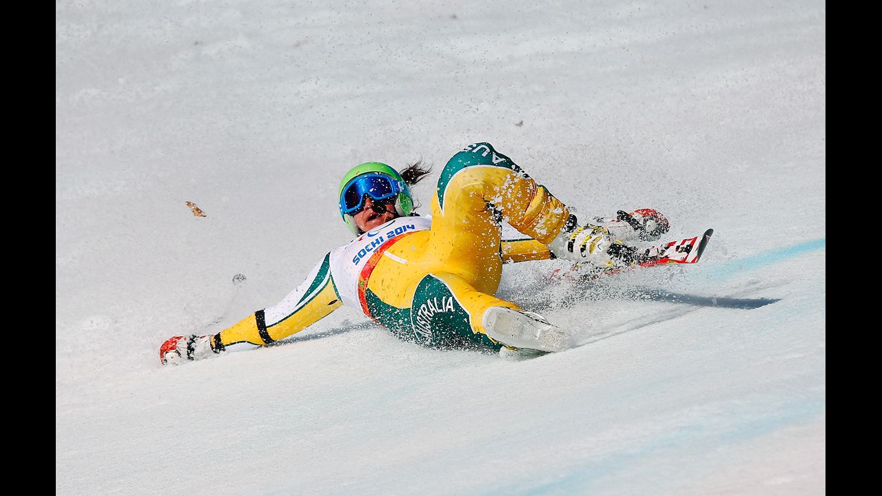 Melissa Perrine of Australia crashes in the women's giant slalom visually impaired event on March 16.