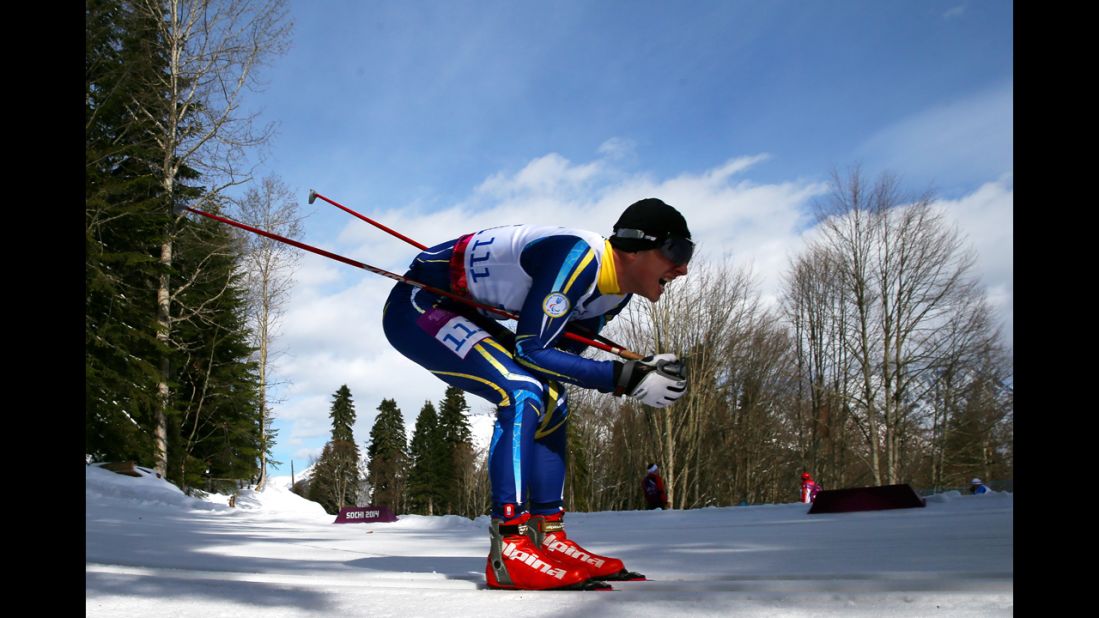 Vladimir Udaltcov of Russia competes in the men's cross country 10-kilometer free visually impaired event on March 16.