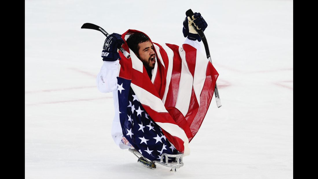 Nikko Landeros of the U.S. celebrates after winning the ice sledge hockey gold medal game against the Russian Federation on March 15.
