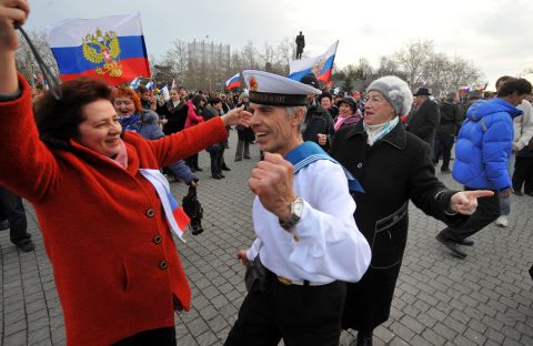 Pro-Russian Crimeans dance as they celebrate in Sevastopol, Ukraine, on March 16. 