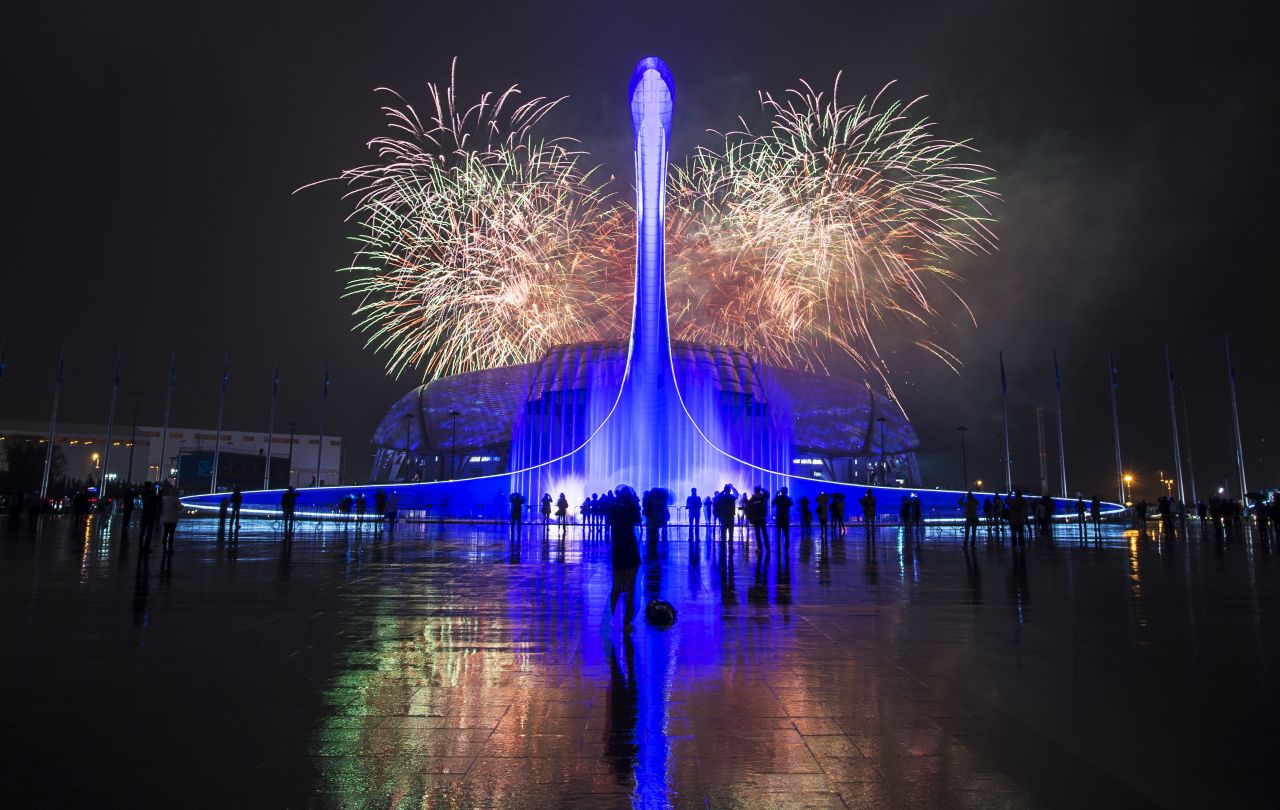Fireworks explode after the Closing Ceremony of the 2014 Paralympic Winter Games at Fisht Olympic Stadium in Sochi, Russia, on Sunday, March 16.