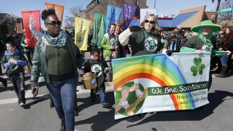 A group standing for diversity marches in the annual St. Patrick's Day parade in the South Boston neighborhood of Boston, Sunday, March 16, 2014. 