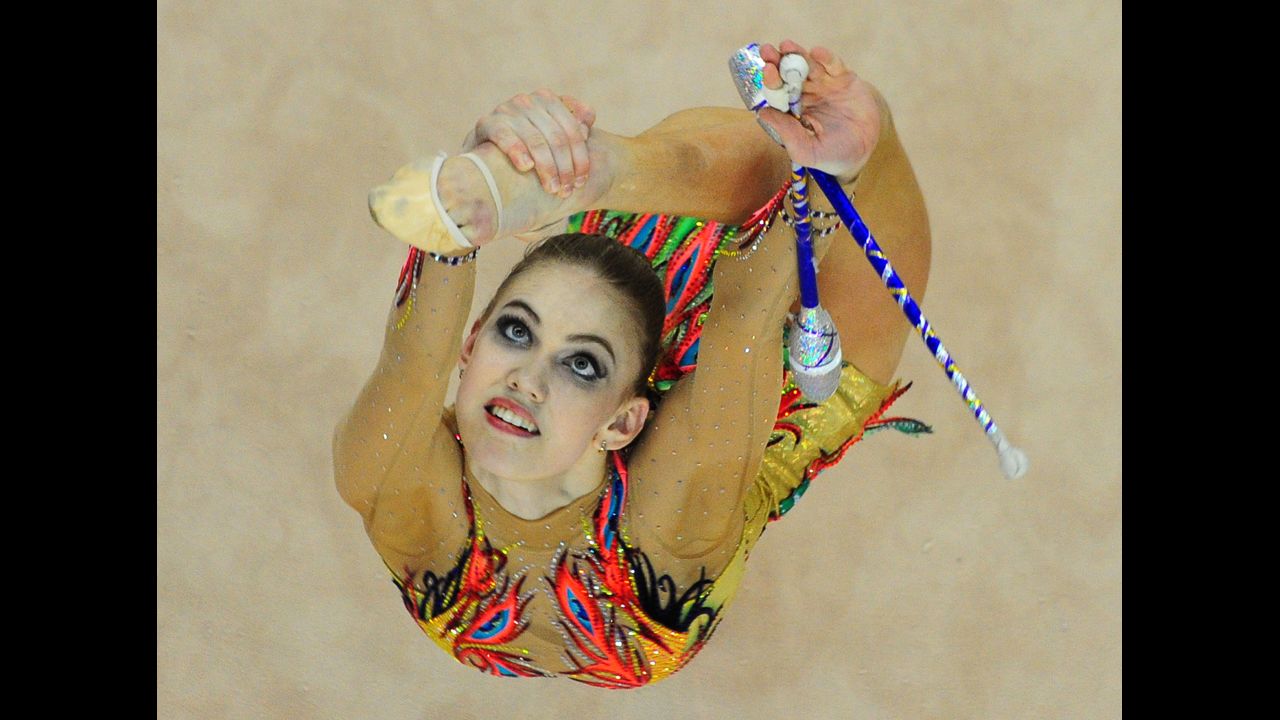 Russia's Elizaveta Nazarenkova performs Sunday, March 16, during the Rhythmic Gymnastics World Cup event in Debrecen, Hungary.