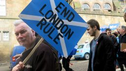 A man carries a placard during a pro-independence march in Edinburgh, Scotland for the upcoming vote on Scotland's independence from the United Kingdom on March 15, 2014.