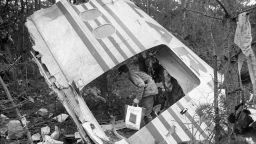 A photo dated 03 March 1974 of the debris leftover from the DC10 Turkish Airlines airplane crash in the Ermenonville Forest near Paris. Three-hundred and fifty people died in the crash.