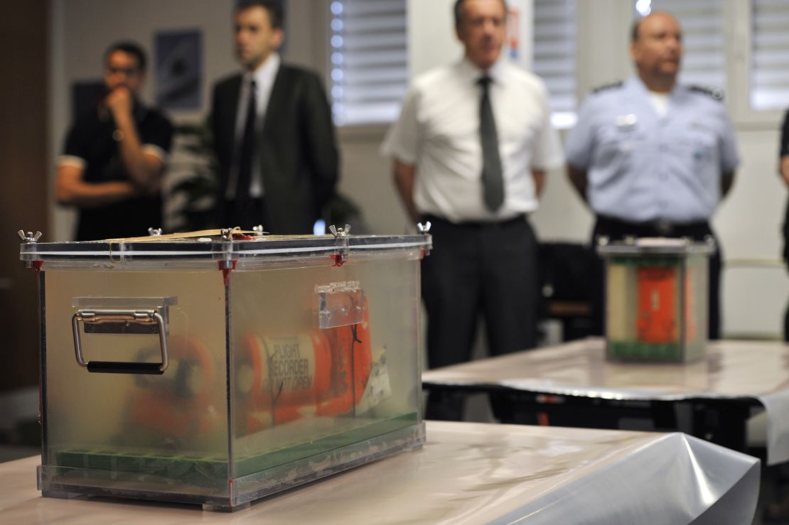 The AF447 Rio-Paris plane flight black boxes are displayed during a press conference on May 12, 2011.