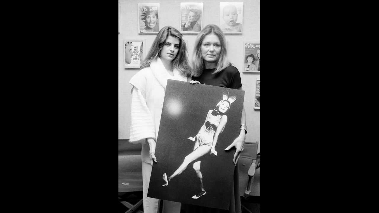 Steinem, right, poses with actress Kirstie Alley at the Ms. magazine offices in 1984. Alley played Steinem in "A Bunny's Tale," a 1985 TV movie based on Steinem's experience going undercover to work as a Playboy bunny in 1963. After her undercover work, Steinem wrote an expose about the poor pay and working conditions.
