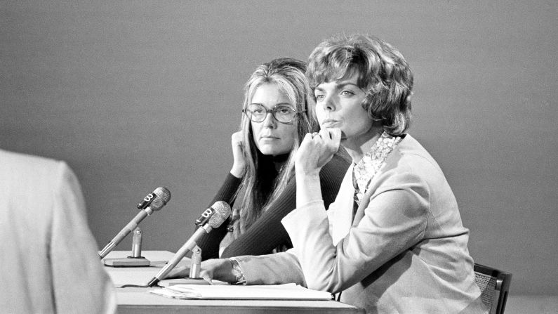 Steinem, left, and Jill Ruckelshaus listen to a question during their appearance on NBC's "Meet the Press" in Washington in 1972. 