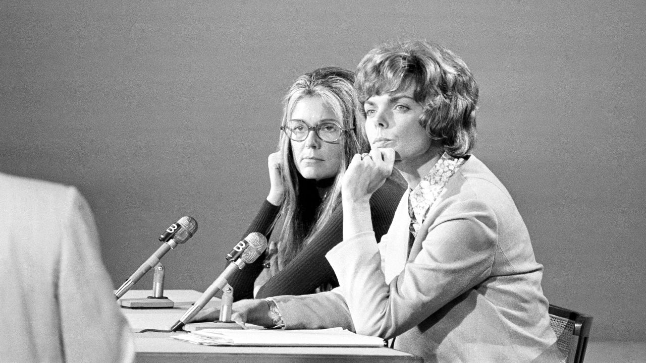 Steinem, left, and Jill Ruckelshaus listen to a question during their appearance on NBC's "Meet the Press" in Washington in 1972. 