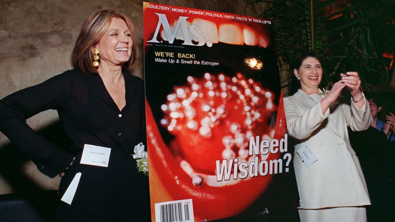 Steinem poses with Gloria Feldt, former president of Planned Parenthood, at a reception in 1999. The event celebrated the relaunch of Ms. magazine by Liberty Media for Women.