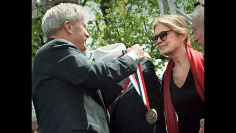 Librarian of Congress James Billington awards Steinem a Living Legend medal during the Library of Congress' 200th birthday party in 2011.