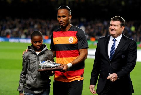 Drogba, who scored the winning penalty kick for Chelsea in the 2011 Champions League final, was honored by the club for which he scored 157 goals and won three Premier League titles and four FA Cups.