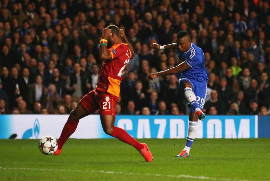 In 2013, he moved to English club Chelsea, reuniting with Mourinho. Here Eto'o hits his 30th Champions League goal in the last-16 win against Galatasaray in March 2014.