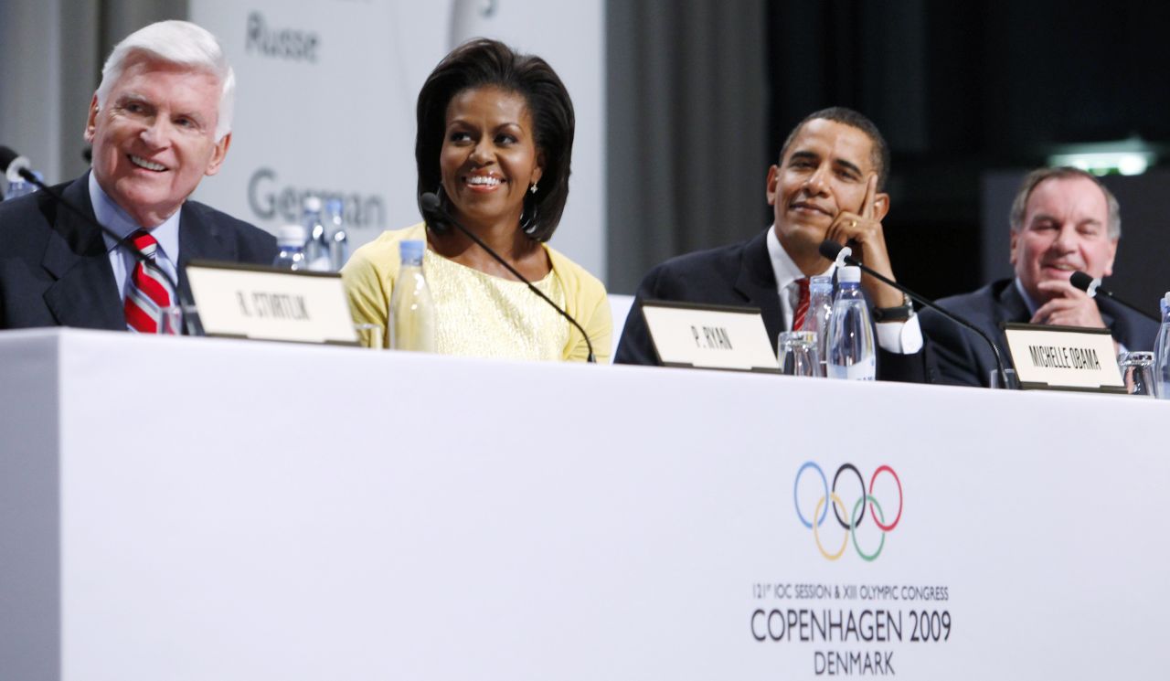 The first lady traveled to Copenhagen to represent the United States at the International Olympic Committee session in October 2009.
