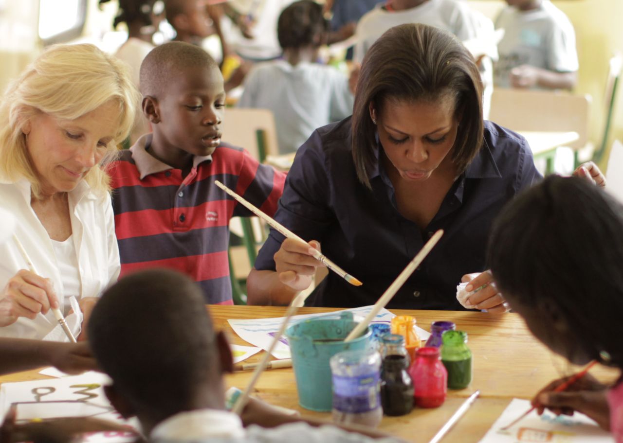 The first lady and Dr. Jill Biden made a surprise visit to Haiti in April 2010. They visited a local school and took a helicopter tour of areas distressed from that year's earthquake.