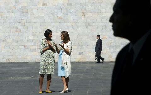 On her first solo trip in April 2010, Mrs. Obama traveled to Mexico City where she met with Mexican first lady Margarita Zavala and President Felipe Calderon.  