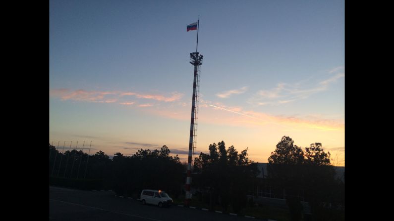 SIMFEROPOL, CRIMEA:  "Early morning departure (March 19) at Simferopol airport where the Russian flag is already firmly in place on the tarmac." - CNN's Dominique Van Heerden.  Follow Dominique on Instagram at <a href="https://trans.hiragana.jp/ruby/http://instagram.com/dominique_vh" target="_blank" target="_blank">instagram.com/dominique_vh</a>.
