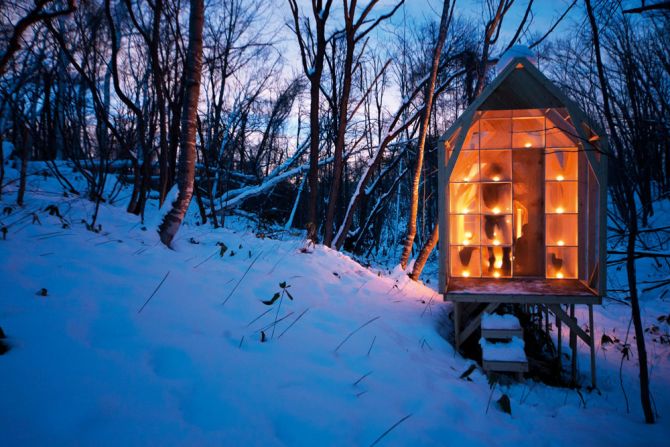 <em>Fragile Shelter, Japan</em><br /><br />This shack, designed by <a  target="_blank" target="_blank">Hidemi Nishida Studio</a>, lights up as an inviting, warm sanctuary in a snow-filled landscape. Translucent panels give a ghostly atmosphere, but true to its name, the small house provides shelter to weary travelers in the deep forest. 