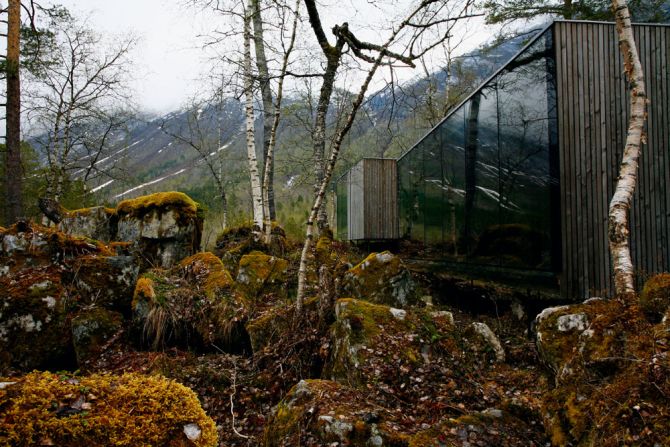 <em>Juvet Landscape Hotel, Norway </em><br /><br />This unusual hotel capitalizes on its stunning location in the Norwegian wilderness. Built as a block structure, the building rests on a set of steel rods drilled into the rocks beneath. Creators, <a  target="_blank" target="_blank">Jensen & Skodvin Architects</a> left the breathtaking topography intact, with some walls made entirely of glass to give a view of the ever changing landscape beyond. 