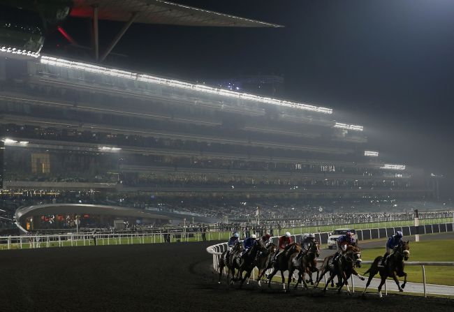 Described as a "land scraper," the planet's largest grandstand looms in the background during the 2013 Dubai World Cup meeting.