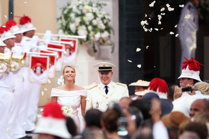 Princess Charlene of Monaco and Prince Albert II of Monaco leave the religious ceremony at the Prince's Palace on July 2, 2011 in Monaco. The Roman-Catholic ceremony follows the civil wedding which was held in the Throne Room of the Prince's Palace of Monaco on July 1.