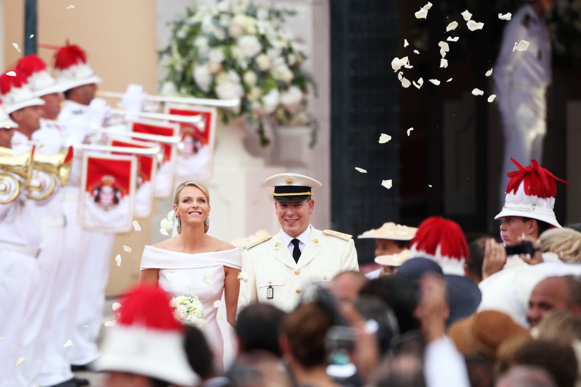Princess Charlene of Monaco and Prince Albert II of Monaco leave the religious ceremony at the Prince's Palace on July 2, 2011 in Monaco. The Roman-Catholic ceremony follows the civil wedding which was held in the Throne Room of the Prince's Palace of Monaco on July 1. 