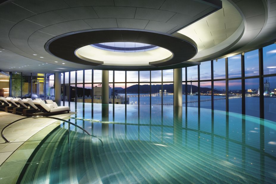 The indoor infinity pool at Altira Macau offers sweeping views of the Macau peninsula.