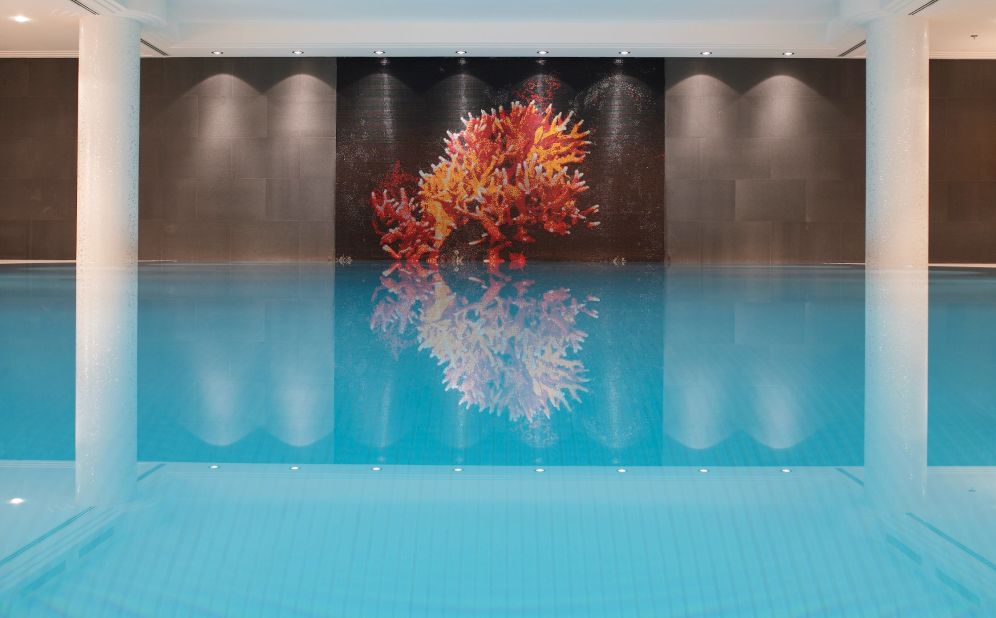 A mosaic of red coral at the pool at Munich's Charles Hotel pays homage to 19th century Bavarian royalty, the Wittelsbach family, known for its collection of red coral paraphernalia.