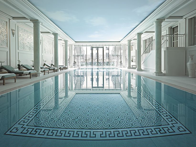 At the Shangri-La Paris, an elegant pool is tucked into the former residence of Napoleon Bonaparte's grandnephew, Prince Roland Bonaparte.