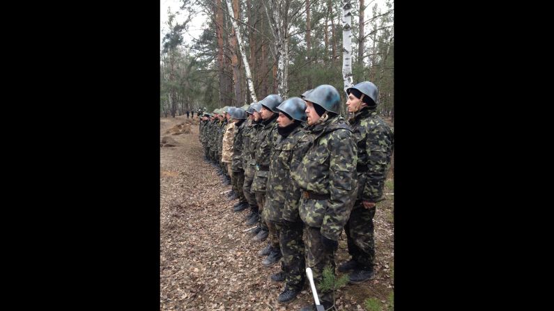 NEAR KIEV, UKRAINE: "Fresh recruits to Ukraine's National Guard Reserves (March 20).  All of them are former anti-government militiamen from Kyiv's Maydan. They've all signed up within the last week as part of a mass recruitment program announced by the interim Ukrainian government." - CNN's Ivan Watson.   <a href="https://trans.hiragana.jp/ruby/http://instagram.com/p/lx7YI_CDUj/" target="_blank" target="_blank">WATCH THE INSTAGRAM VIDEO</a>  from Ivan of a curious "hand grenade" simulation exercise performed by new Ukrainian National Guard reserve recruits.  Follow Ivan on Instagram at<a href="https://trans.hiragana.jp/ruby/http://instagram.com/ivancnn" target="_blank" target="_blank"> instagram.com/ivancnn</a>.