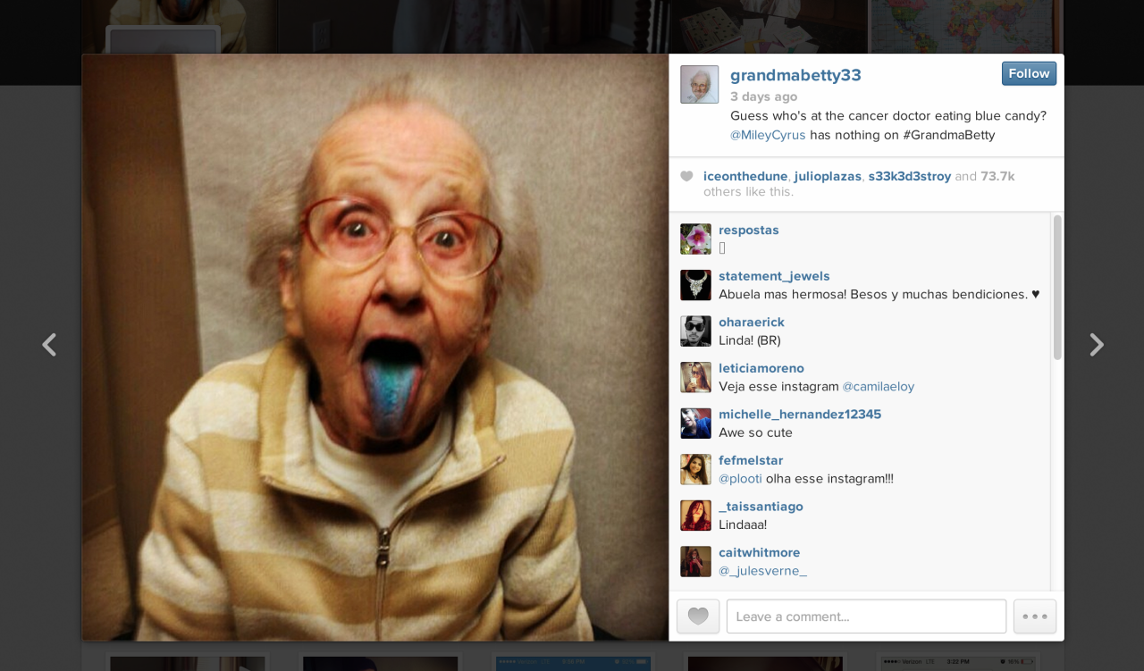Betty Jo Simpson, who became popular on Instagram  as "Grandma Betty," has passed away from lung cancer.  She was 80. 