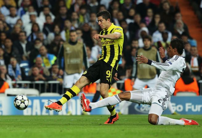 <strong>Real Madrid v Borussia Dortmund</strong>: Real will be hoping to take advantage of the absence of Dortmund striker Robert Lewandowski (center) in the first leg in Madrid. The prolific Poland international netted all four Dortmund's goals last in the second leg loss in 2013, but will miss the match through suspension. Dortmund's chief executive, Hans-Joachim Watzke, admitted: "We would have liked to get someone else."