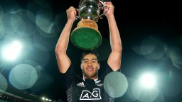 New Zealand's Akira Ioane celebrates after winning the Cup Final match between New Zealand and South Africa during the Wellington Sevens at Westpac Stadium.