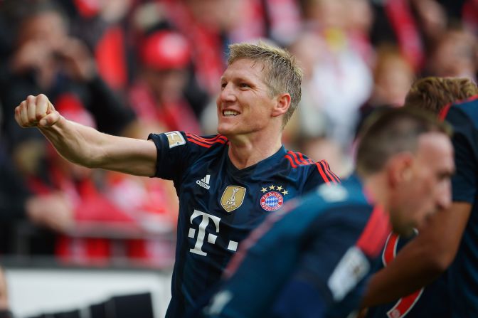 Bastian Schweinsteiger celebrates after scoring in the 2-0 win against Mainz last weekend. Bayern have now scored 79 goals this season, but have some way to go if they are to equal the record the club set way in the 1971/72 season when they put away 101 goals in total.  