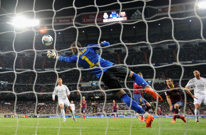 Real's response was emphatic. Winger Angel di Maria and striker Karim Benzema twice combining to turn the match on its head. First, Di Maria crossed for Benzema to plant a firm header beyond Victor Valdes (pictured). Moments later the duo did it again, Benzema taking one touch before volleying beyond Valdes following another fine cross from Argentina's Di Maria.